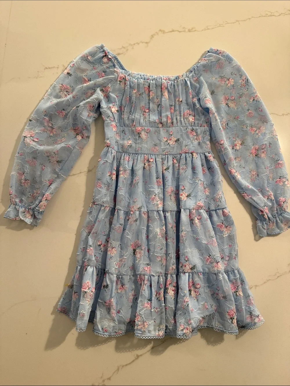 Rare Editions Light Blue Floral Tiered Long-Sleeve Dress